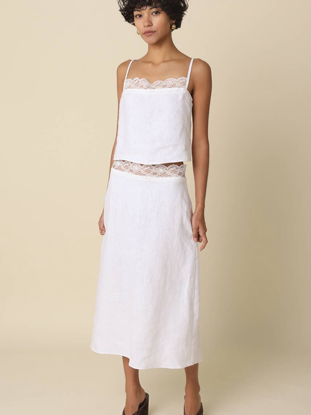 Olivaceous White Lace-Trim Cami and Midi Skirt Set